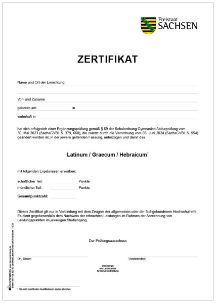Zertifikat Latinum / Graecum / Hebraicum