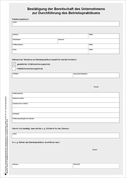 Bestätigung der Bereitschaft des Unternehmens zum Betriebspraktikum, Freistaat Sachsen