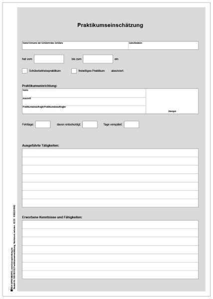 Praktikumseinschätzung Schülerbetriebspraktikum, Freistaat Sachsen