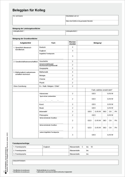 Belegplan für die Abiturprüfung, Kolleg