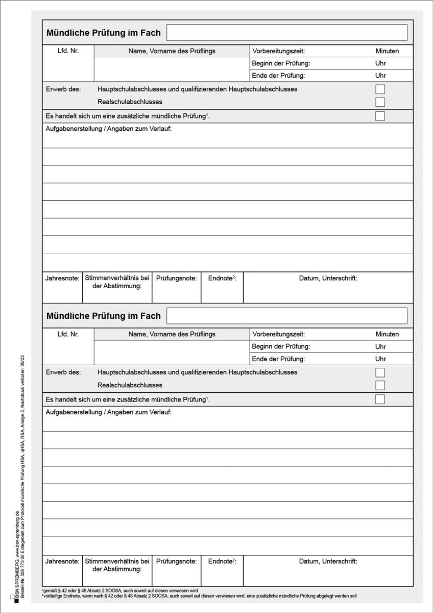 Einlegeblatt Zum Protokoll über Die Mündlichen Prüfungen HSA, Qualif.