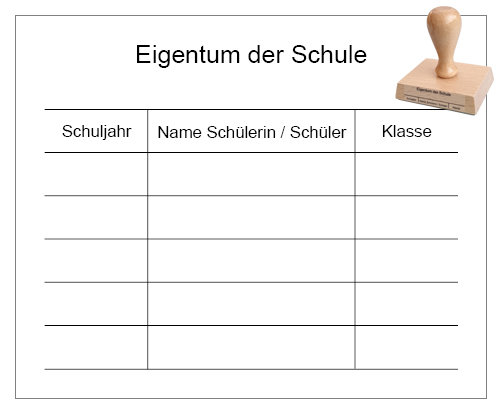 Stempel "Eigentum der Schule" für den Verleih von Lehrbüchern