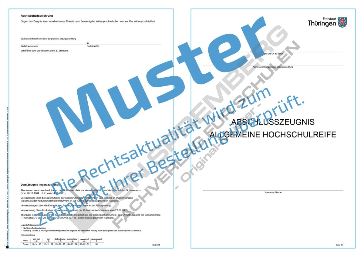 Abschlusszeugnis Allgemeine Hochschulreife, fr die Waldorfschule, In