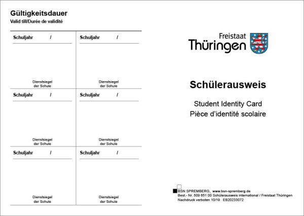 Schülerausweis weiß mitLeitmarke Thüringen, mehrsprachig, Karton