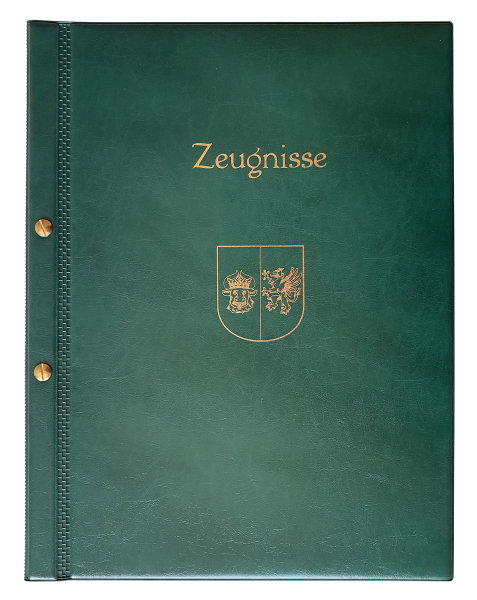 Zeugnismappe petrolgrün mit Goldrprägung "ZEUGNISSE" und Wappen Mecklenburg-Vorpommern