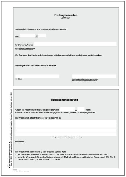 Empfangsbekenntnis Abschlusszeugnis gymnasiale Oberstufe, für Mecklenburg-Vorpommern, DIN A4, einseitig