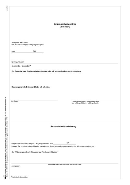 Empfangsbekenntnis Zeugnisse, für Mecklenburg-Vorpommern, DIN A4, 2-fach selbstdurchschreibend