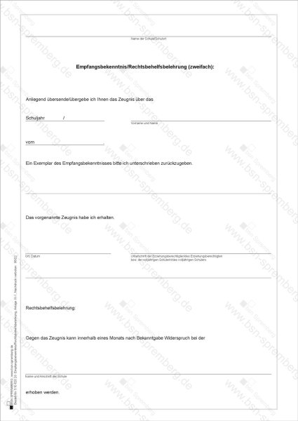 Empfangsbekenntnis / Rechtsbehelfsbelehrung, Mecklenburg-Vorpommern, 2-fach selbstdurchschreibend