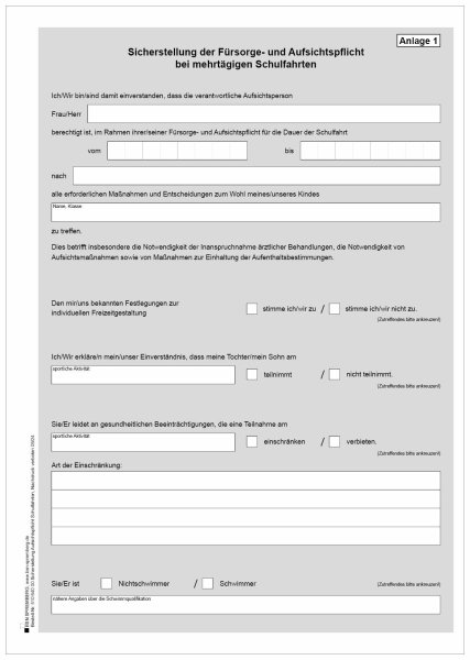 Vordruck 1, Sicherstellung der Fürsorge- und Aufsichtspflicht bei mehrtägigen Schulfahrten, Mecklenburg-Vorpommern