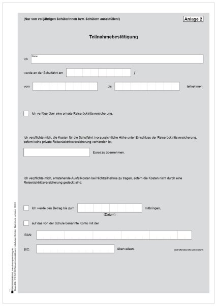 Vordruck 2, Teilnahmebestätigung für Schulfahrten, Mecklenburg-Vorpommern