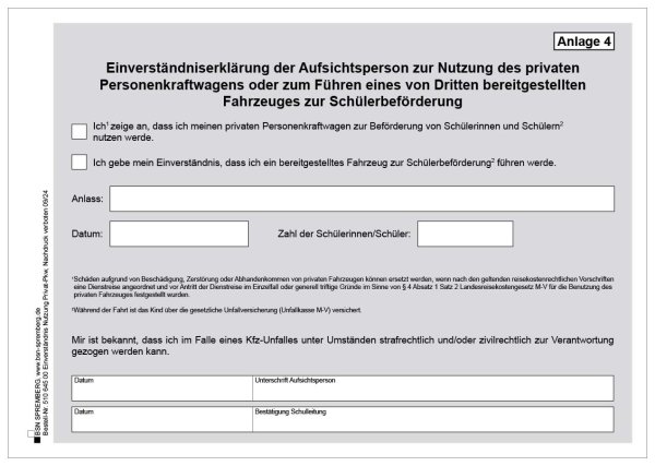 Vordruck 4, Einverständniserklärung Nutzung eines privaten Pkw, Mecklenburg-Vorpommern