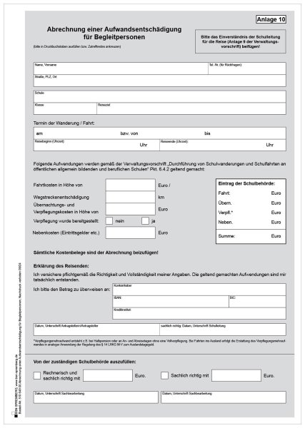 Vordruck 10, Abrechnung einer Aufwandsentschädigung für Begleitpersonen, Mecklenburg-Vorpommern