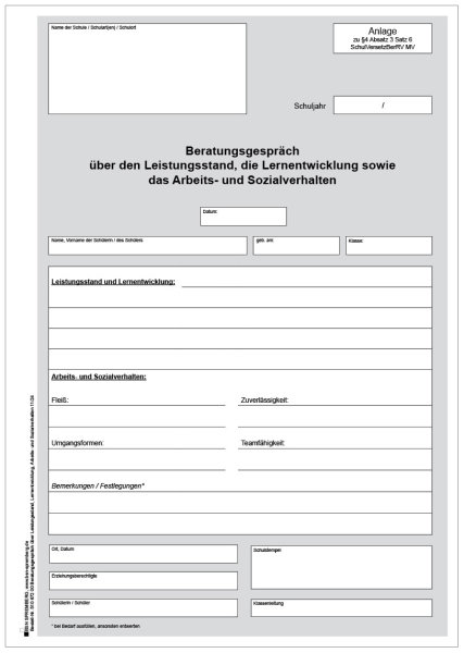 Beratungsgespräch über den Leistungsstand, die Lernentwicklung sowie das Arbeits- und Sozialverhalten M-V