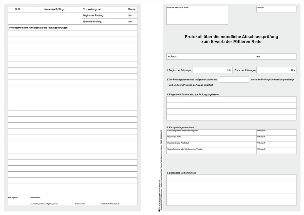 Protokoll über Die Mündliche Abschlussprüfung, Mittlere Reife
