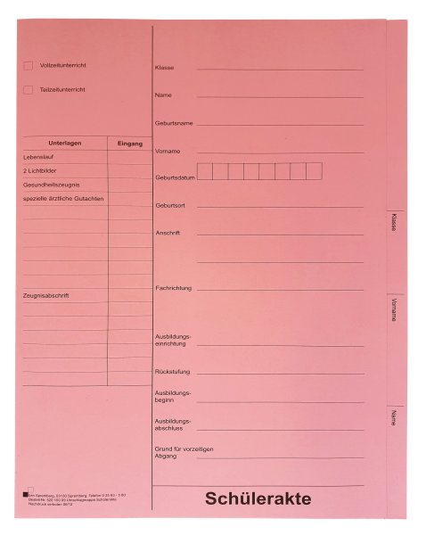 Umschlagmappe für die Schülerakte, für die Berufsschule, rosa