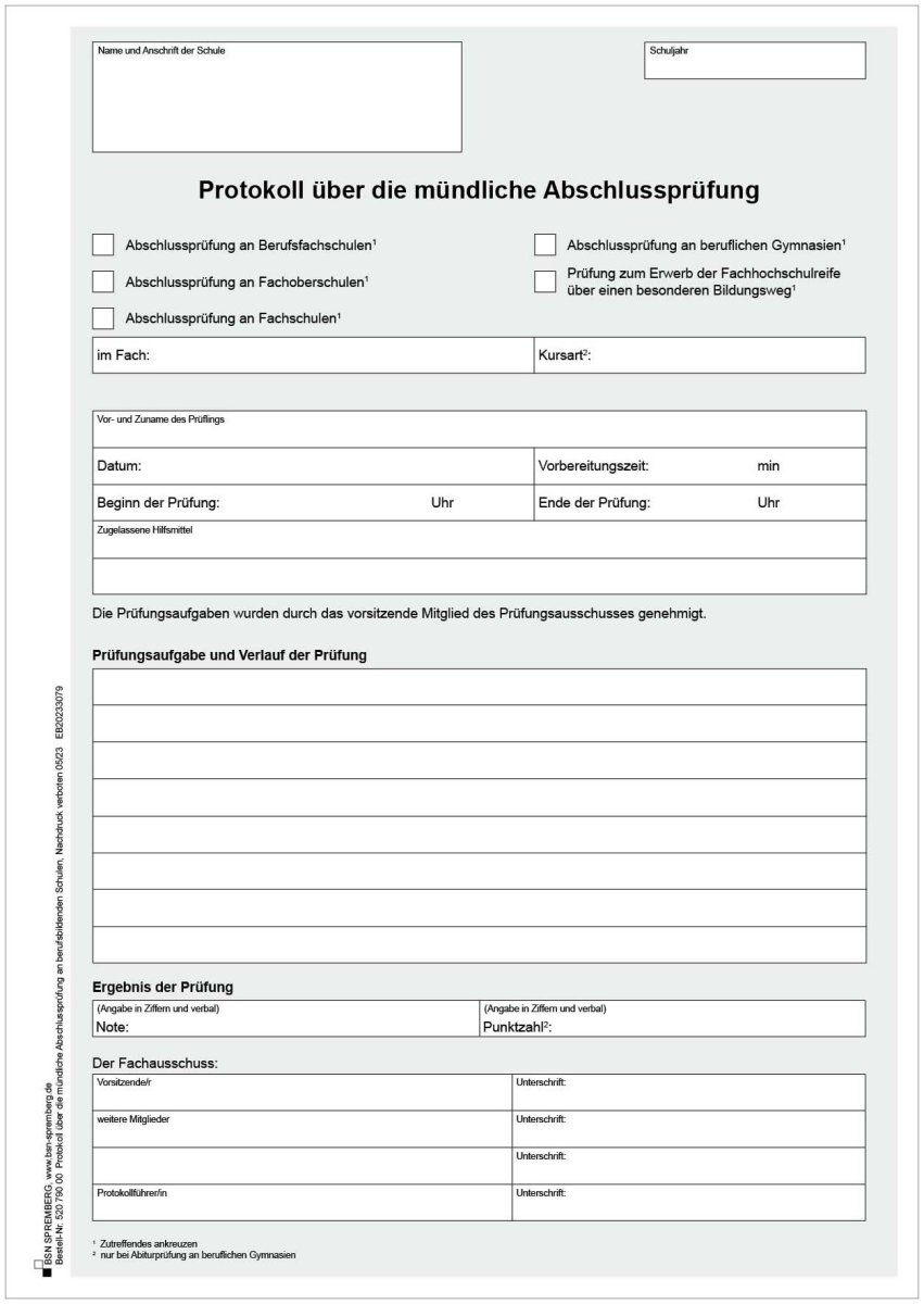 Protokoll über Die Mündliche Abschlussprüfung (BFS / FOS / FS / BG Un