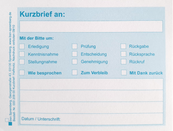 Kurzbrief, Haftnotizzettel, DIN A7, Block mit 50 Blatt