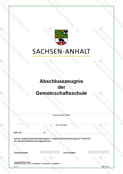 Abschlusszeugnis der Gemeinschaftsschule, Sachsen-Anhalt