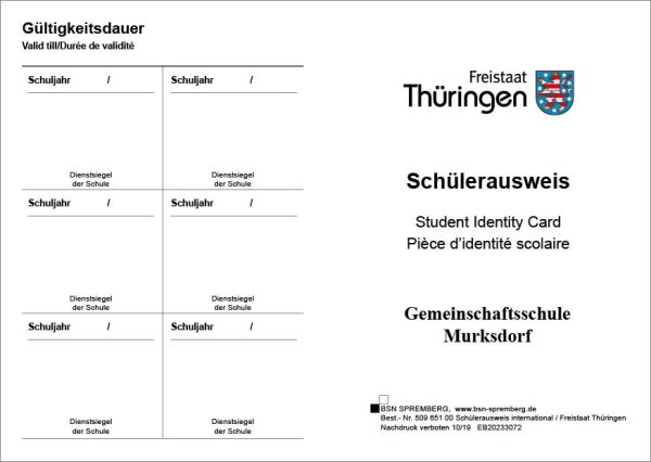 Schülerausweis weiß mit Leitmarke Thüringen, mehrsprachig, DIN A6, mit Eindruck