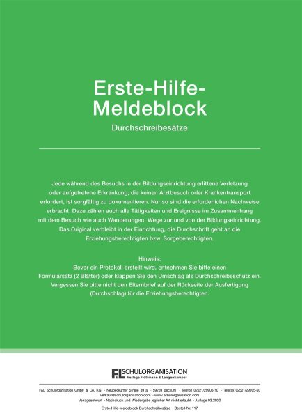 F&L - Erste-Hilfe-Meldeblock für Kitas und Schulen