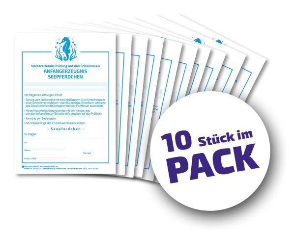 Vorbereitende Prüfung auf das Schwimmen, Anfängerzeugnis Seepferdchen, blau, 10er PACK