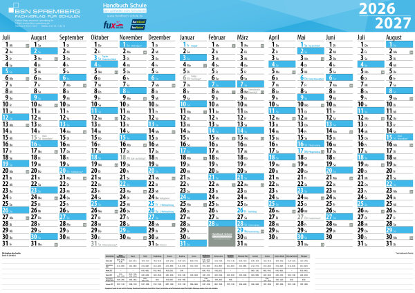 Schuljahres - Wandkalender DIN A2 für das Schuljahr 2026/27