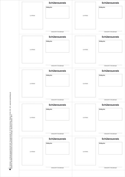Druckbogen, 10 Schülerausweise im Scheckkartenformat