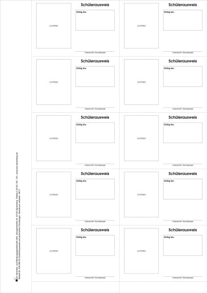 Druckbogen für 10 Schülerausweise im Scheckkartenformat