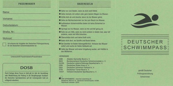 50er PACK Deutscher Schwimmpass mit Eindruck des DOSB Sportabzeichens, grün