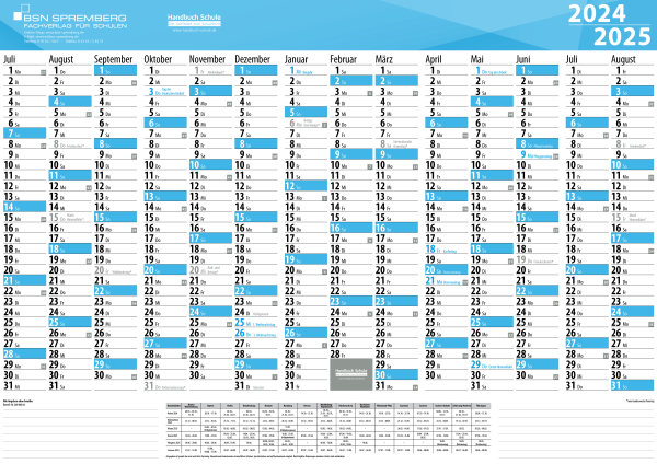 Schuljahres - Wandkalender DIN A2 für das Schuljahr 2024/25, plano, gerollter Versand