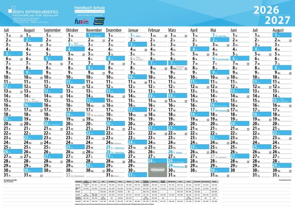 Schuljahres - Wandkalender DIN A3 für das Schuljahr 2026/27
