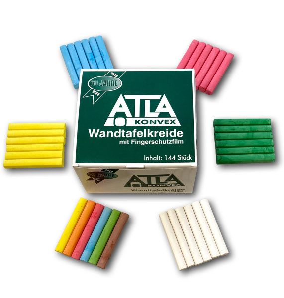 ATLA - Kreide in den Farbvarianten weiß, gelb, rot, grün, blau, mehrfarbig, Inhalt 144 Stück, konvex