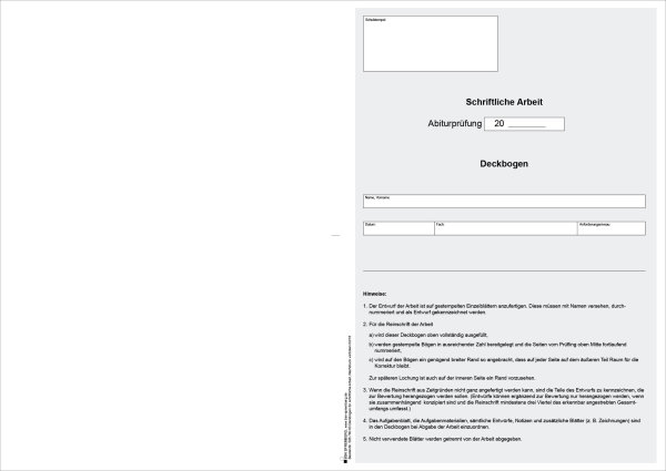 Deckbogen für die schriftliche Arbeit, Abiturprüfung, Sachsen-Anhalt mit Eindruck Schuladresse