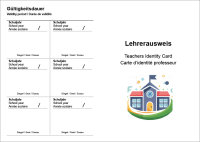 Lehrerausweis mit Eindruck (Wappen / Schullogo),  mehrsprachig, Karton weiß, DIN A6
