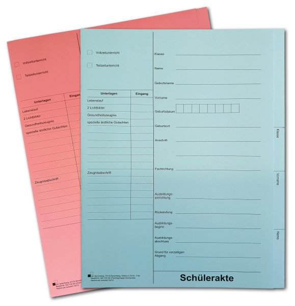 Umschlagmappe für  die Schülerakte, für die Berufsschule, blau oder rosa