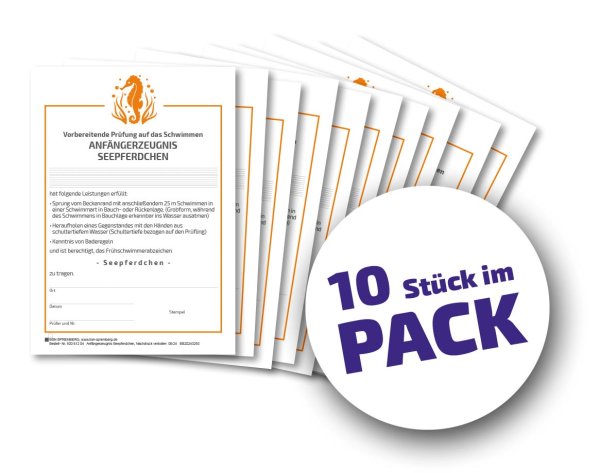 Vorbereitende Prüfung auf das Schwimmen, Anfängerzeugnis Seepferdchen, orange/schwarz, 10er PACK