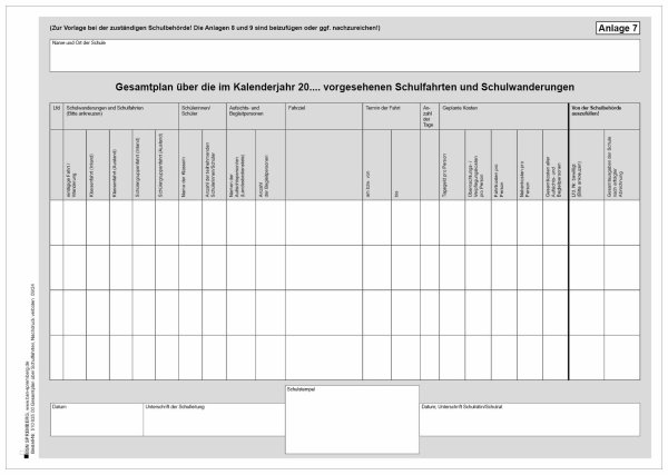 Vordruck 7, Gesamtplan über Schulfahrten und Schulwanderungen im Kalenderjahr, Mecklenburg-Vorpommern