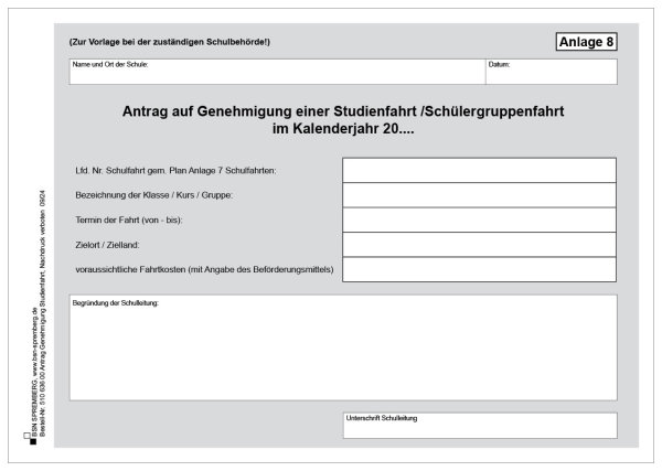 Vordruck 8, Antrag auf Genehmigung Studienfahrt / Schülergruppenfahrt, Mecklenburg-Vorpommern