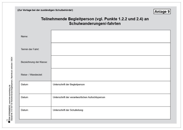 Vordruck 9, Teilnehmende Begleitperson an Schulwanderungen / -fahrten, Mecklenburg-Vorpommern