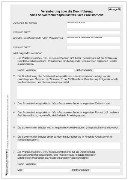 Vereinbarung über die Durchführung eines Schülerbetriebspraktikums / des Praxislernens, Brandenburg