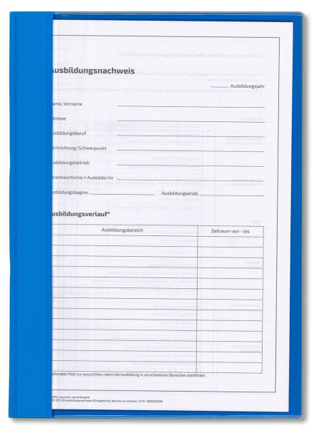 Ausbildungsnachweis Komplett-Set für ein Berufsbildungsjahr, mit täglichem Nachweis ohne Wochenbericht (Nachweisblock, Schnellhefter blau, Deckblatt blau)