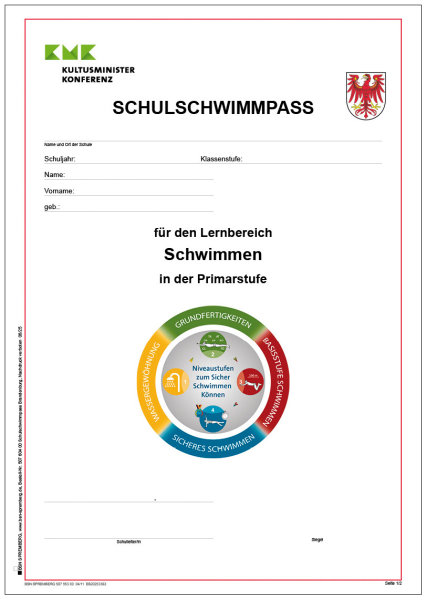 Schulschwimmpass Brandenburg mit KMK-Logo und Wappen
