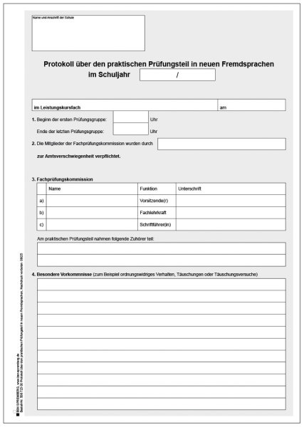 Protokoll über den praktischen Prüfungsteil in neuen Fremdsprachen, im Leistungskursfach, DIN A4/2