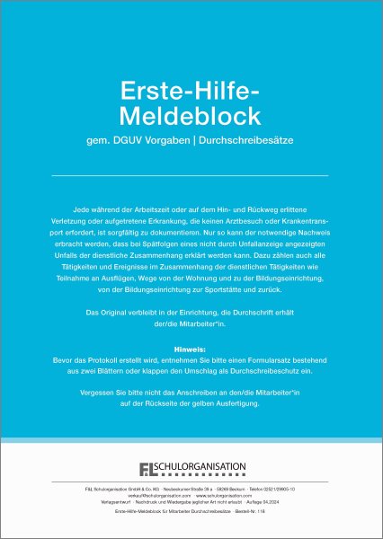 F&L Erste-Hilfe-Meldeblock für Mitarbeiter/innen von Bildungseinrichtungen