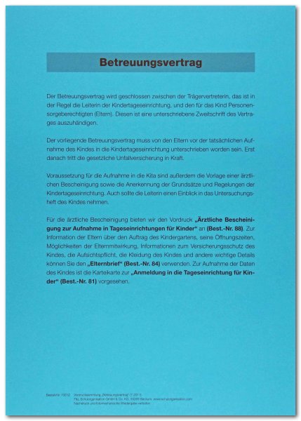 Betreuungsvertrag zur Aufnahme eines Kindes in die Kita, Block A4