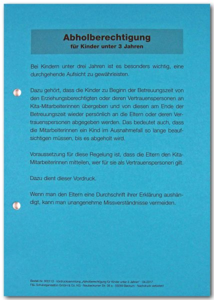 Abholberechtigung für Kinder unter 3 Jahren, Vordrucksammlung, Block A5