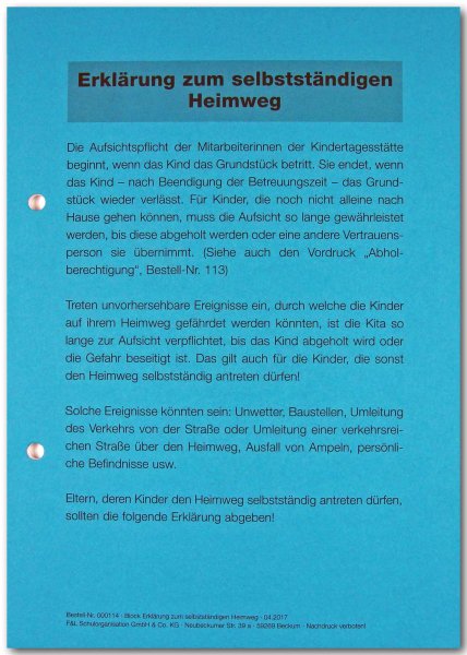Erklärung zum selbstständigen Heimweg, Vordrucksammlung, Block A5