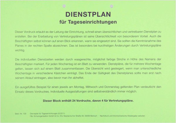 Dienstplan / Vertretungsplan Vordrucksammlung für Kita / Hort, Block A4