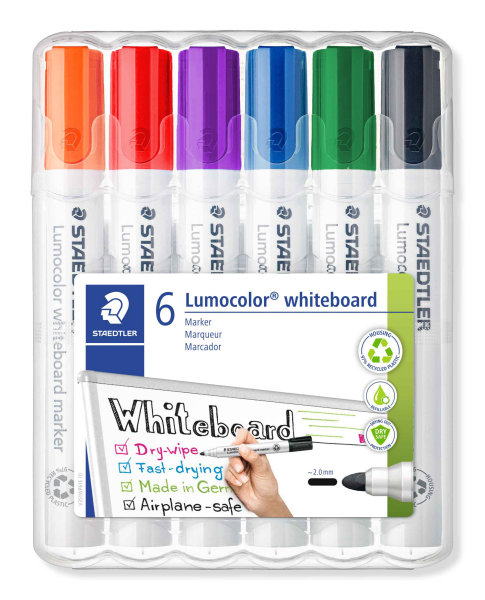 STAEDTLER Box mit 6 Lumocolor Whiteboard-Markern in sortierten Farben, Rundspitze