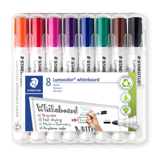 STAEDTLER Box mit 8 Lumocolor Whiteboard-Markern in sortierten Farben, Rundspitze